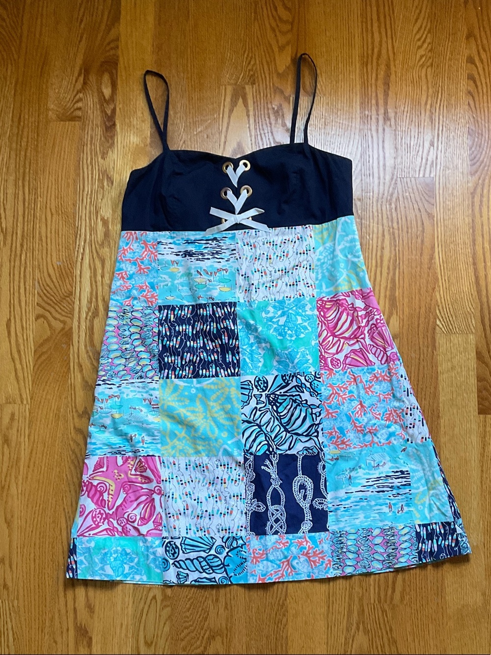 Classic Nautical Lilly Pulitzer Patchwork Mini Dress in Navy, Aqua & Pink
